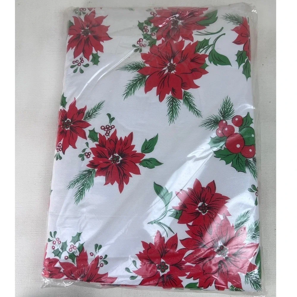 Vtg Better Home Christmas Tablecloth‎ Santa Poinsettia Flannel Back 52